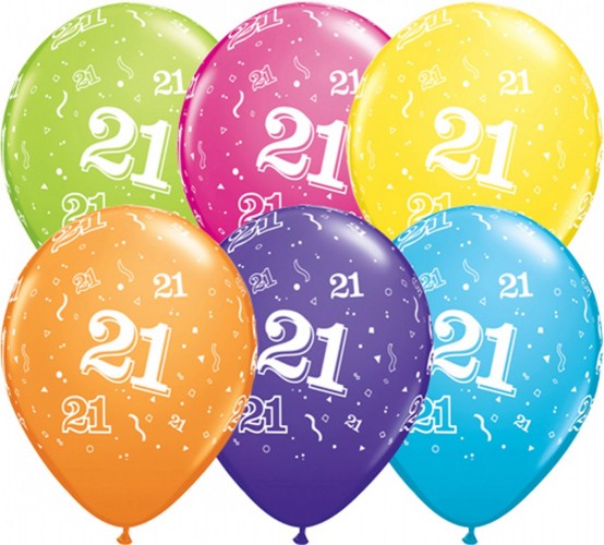 Ballonnen 21 jaar assorti 28 cm, 25 stuks